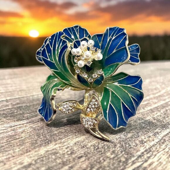 Indio Jewelry Jewelry - Blue, Green and Gold Plated and Rhinestone Brooch #22138